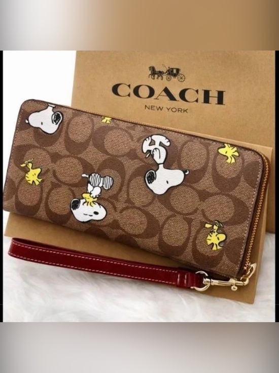 Coach Handbags - COACH x PEANUTS Long Zip around Wallet Snoopy Woodstock Khaki Signature -NEW